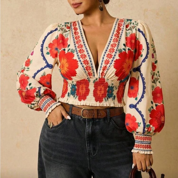 Plus Size Romantic Bohemian Floral Print Long Sleeve Tie Front Blouse Shirt - Picture 10 of 14